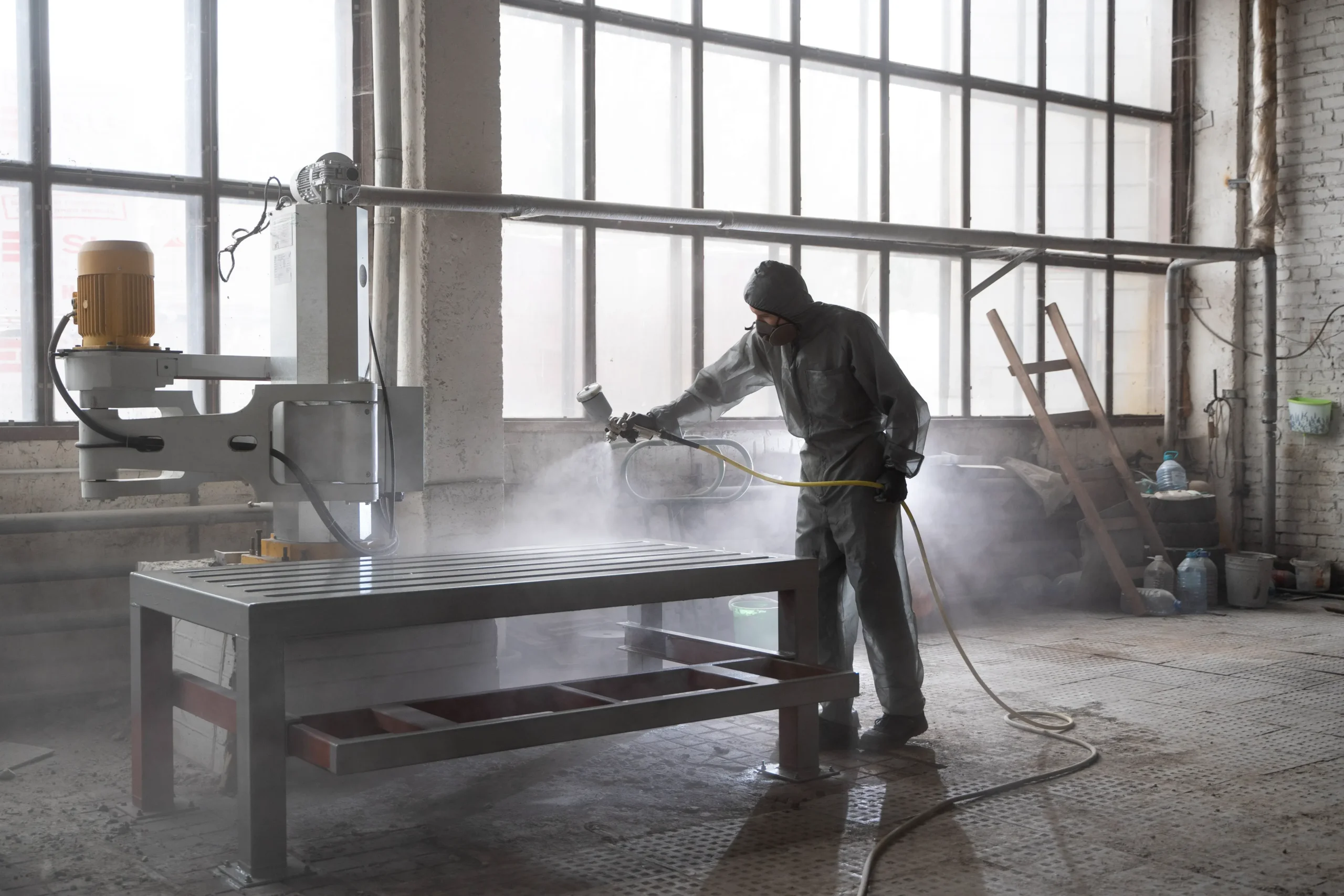 man spraying powder paint from gun full shot scaled